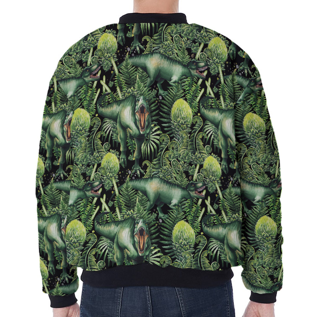 T-Rex Dinosaur And Jurassic Plants Print Zip Sleeve Bomber Jacket