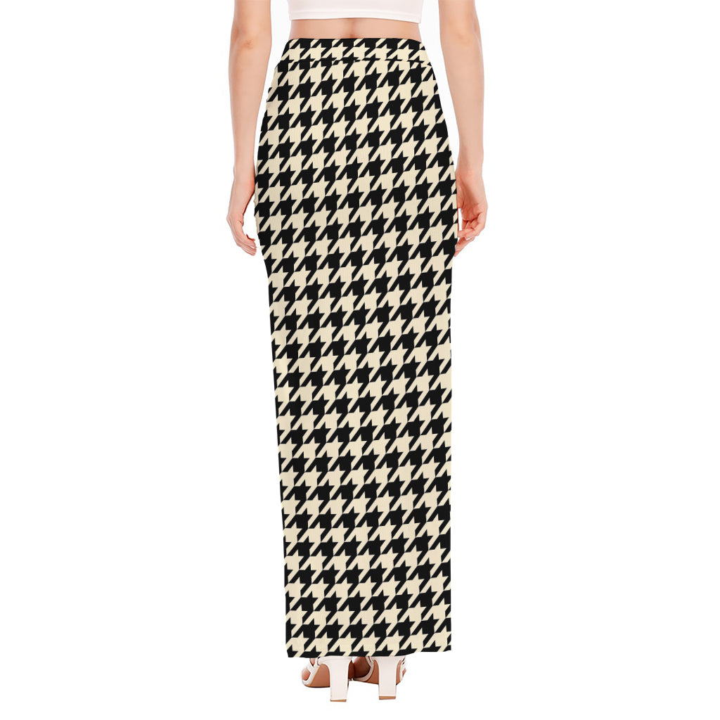 Tan And Black Houndstooth Pattern Print High Slit Maxi Skirt
