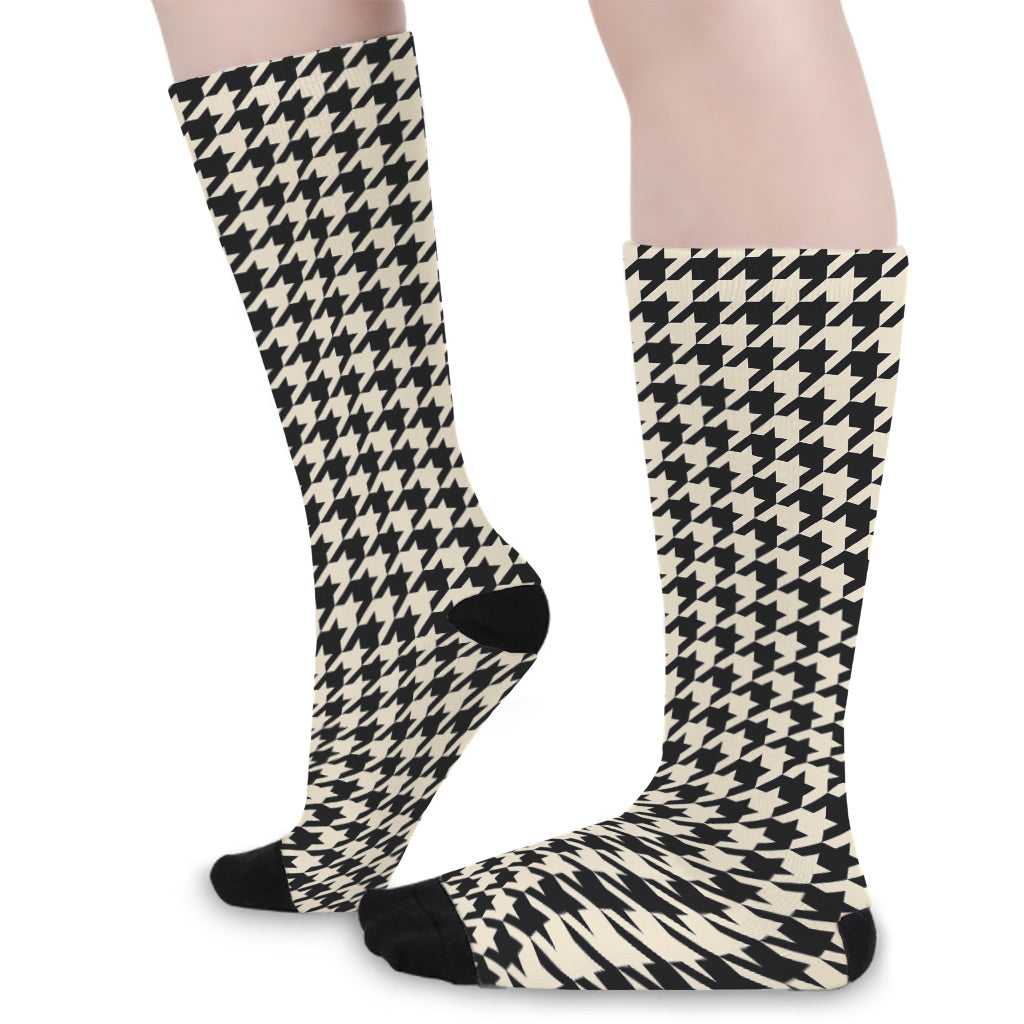Tan And Black Houndstooth Pattern Print Long Socks
