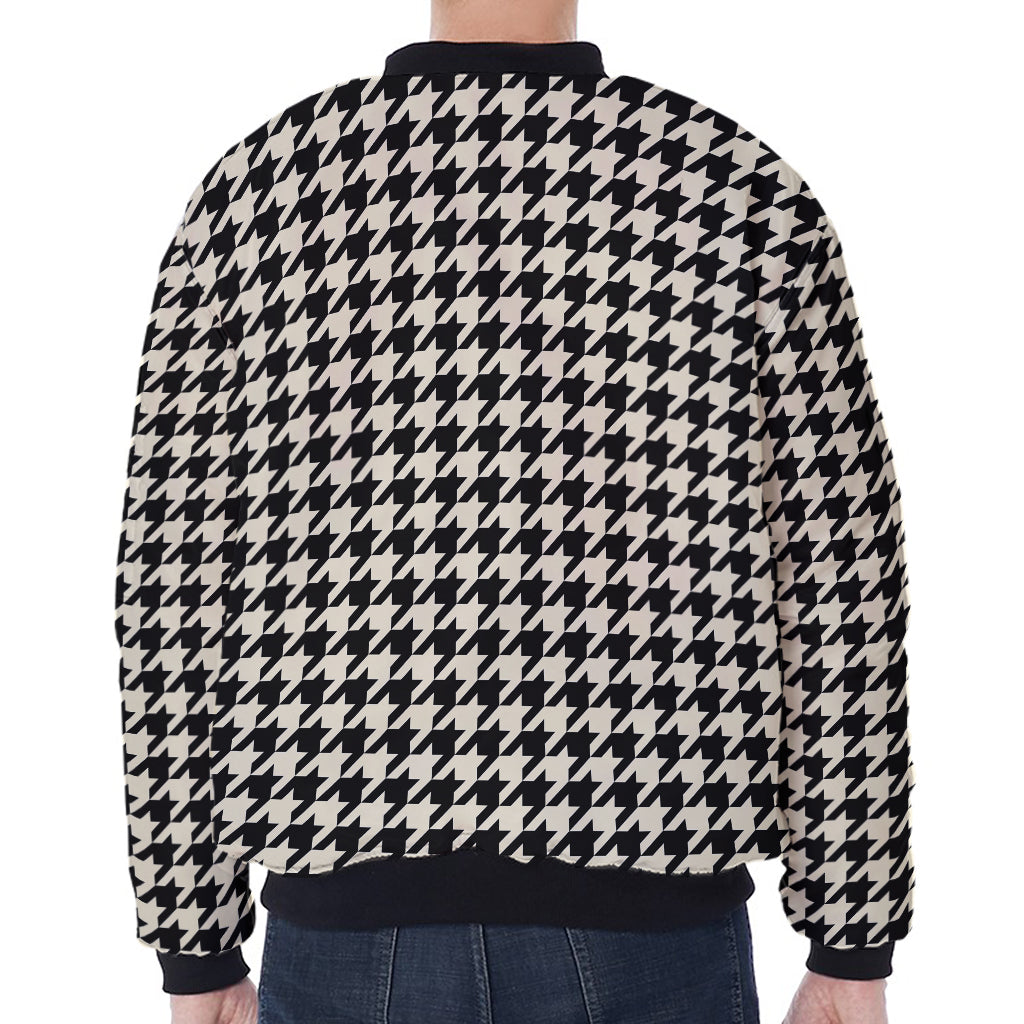 Tan And Black Houndstooth Pattern Print Zip Sleeve Bomber Jacket