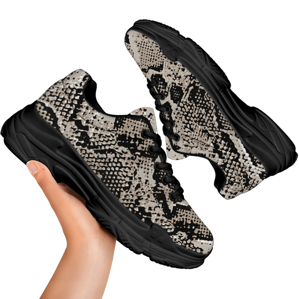 Tan And Black Snakeskin Print Black Chunky Shoes