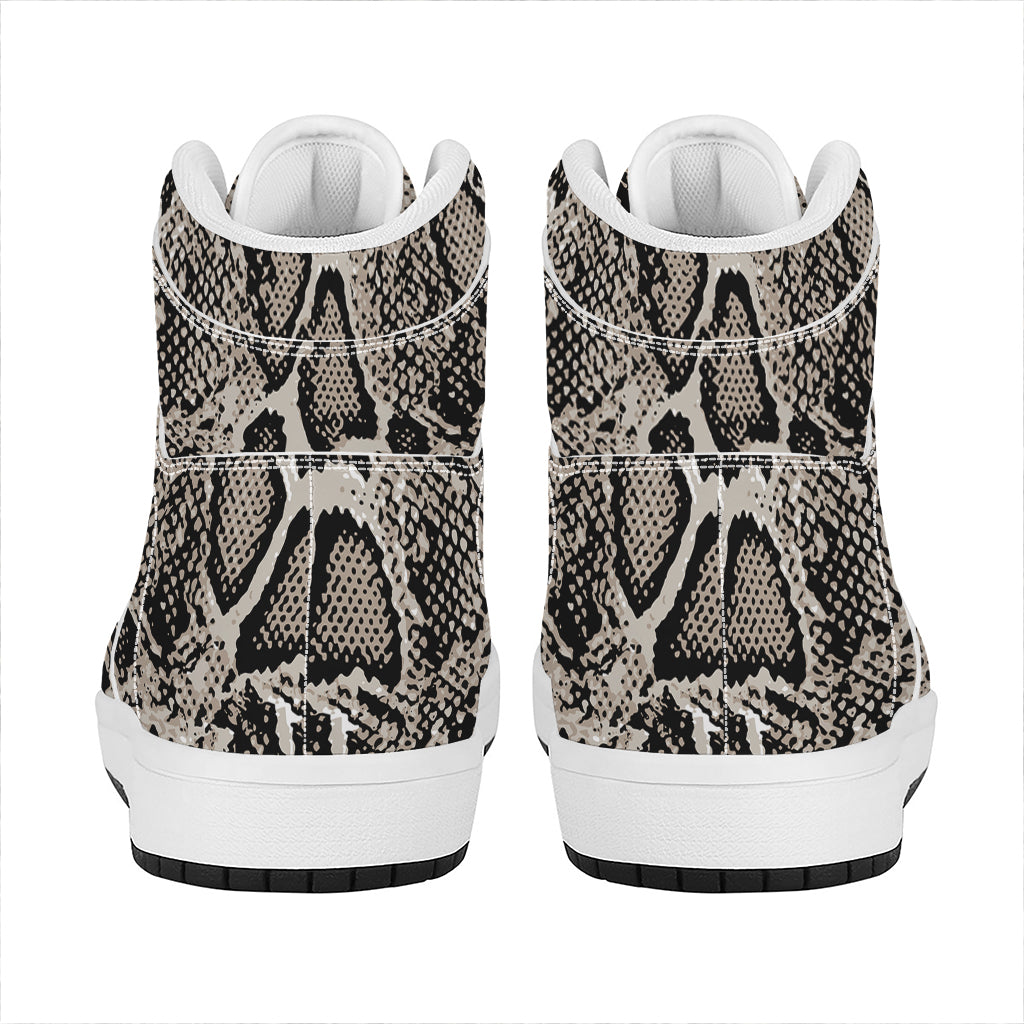 Tan And Black Snakeskin Print High Top Leather Sneakers