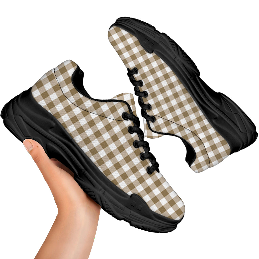 Tan And White Gingham Pattern Print Black Chunky Shoes