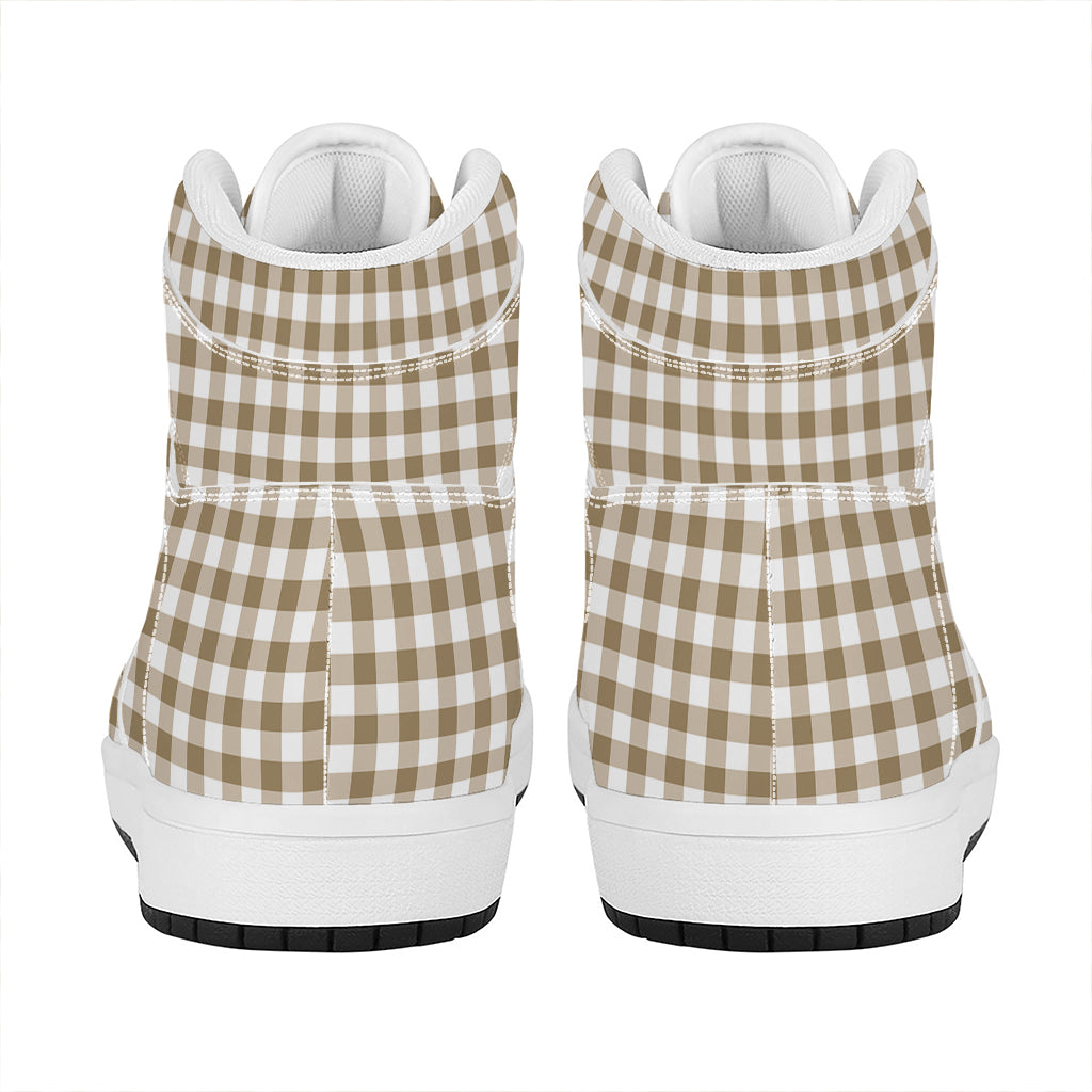 Tan And White Gingham Pattern Print High Top Leather Sneakers