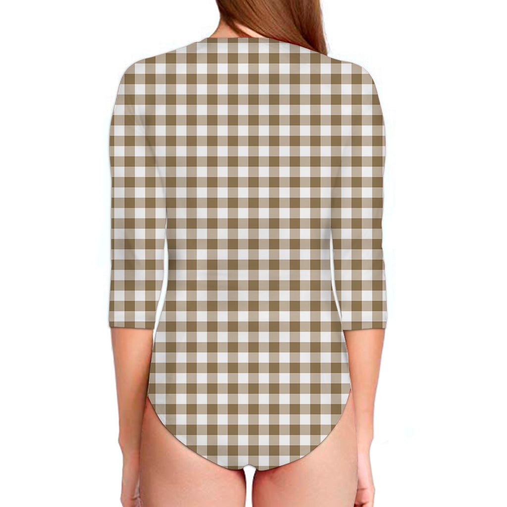 Tan And White Gingham Pattern Print Long Sleeve Swimsuit