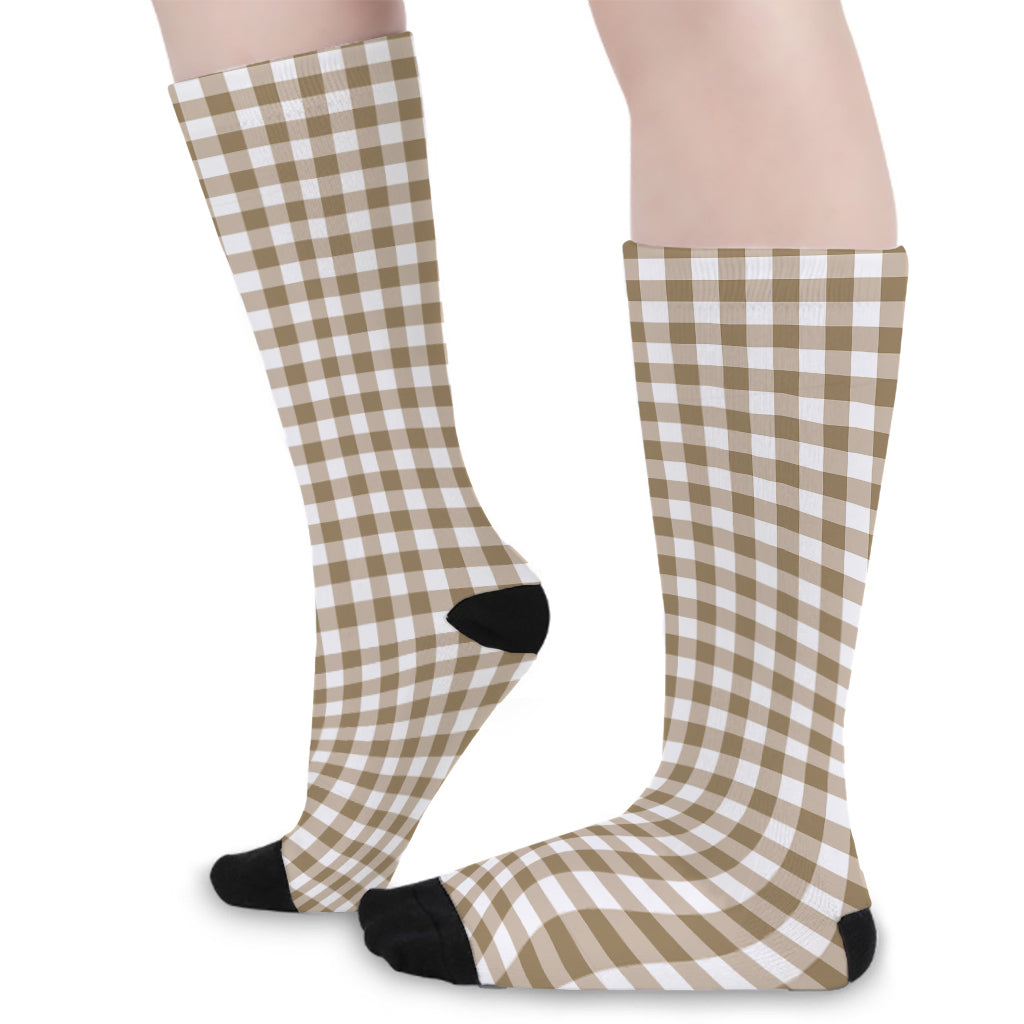 Tan And White Gingham Pattern Print Long Socks