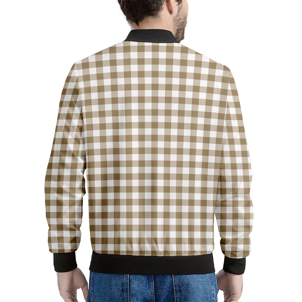 Tan And White Gingham Pattern Print Men's Bomber Jacket