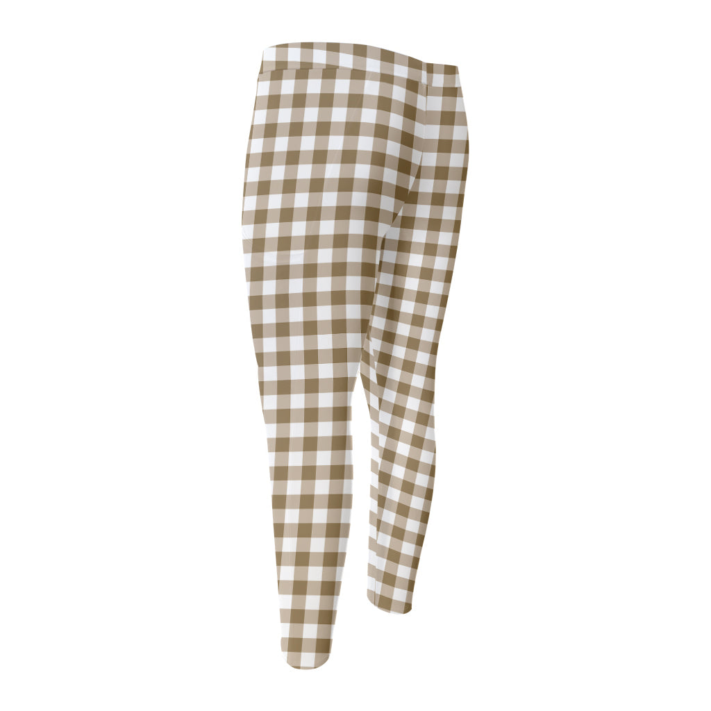Tan And White Gingham Pattern Print Men's Compression Pants