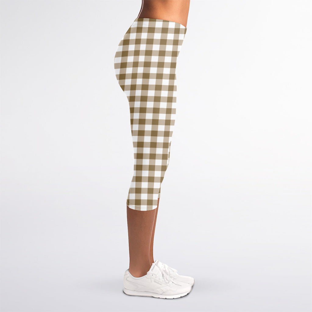 Tan And White Gingham Pattern Print Women's Capri Leggings