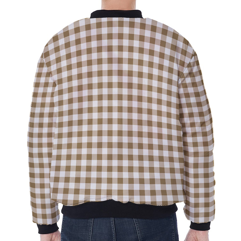 Tan And White Gingham Pattern Print Zip Sleeve Bomber Jacket