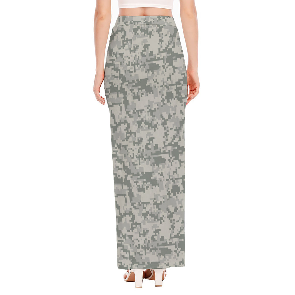 Tan Digital Camo Pattern Print High Slit Maxi Skirt