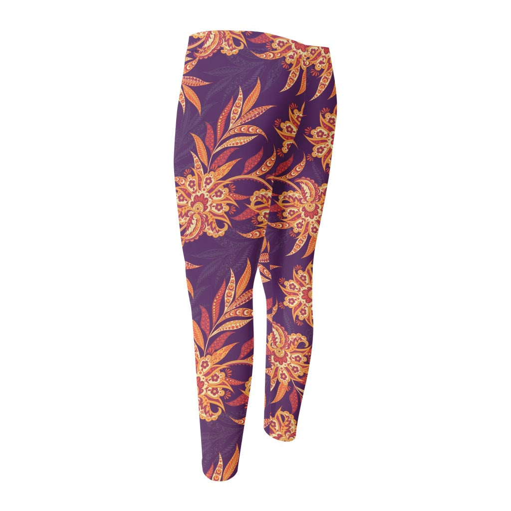 Tangerine Floral Bohemian Pattern Print Men's Compression Pants