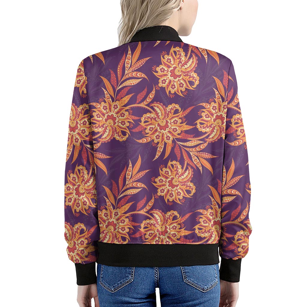 Tangerine Floral Bohemian Pattern Print Women's Bomber Jacket