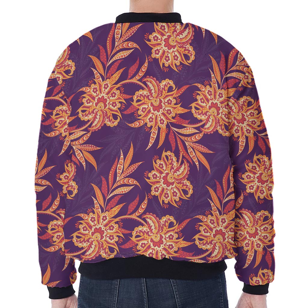 Tangerine Floral Bohemian Pattern Print Zip Sleeve Bomber Jacket