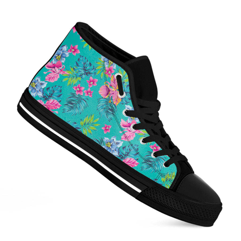 Teal Aloha Tropical Pattern Print Black High Top Sneakers