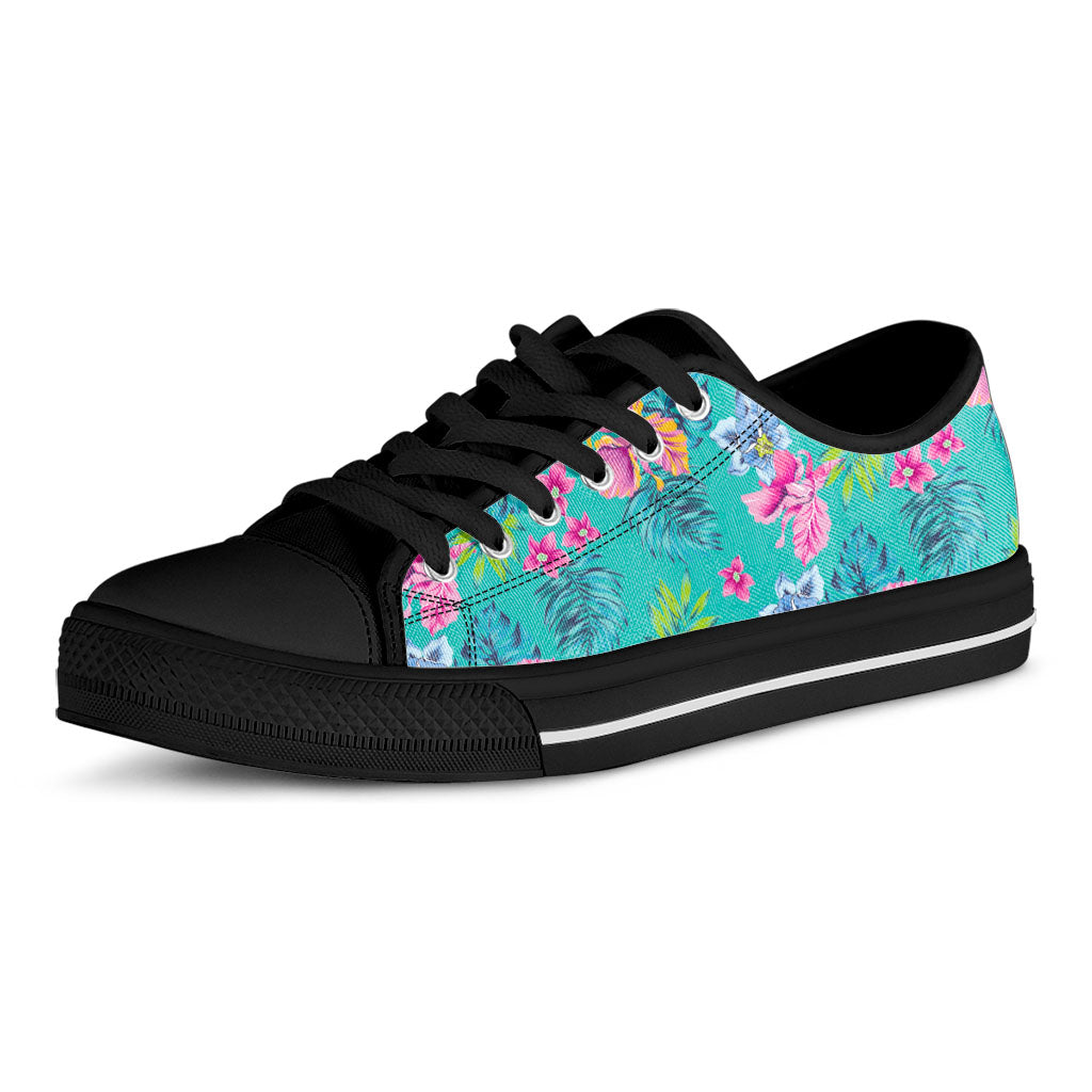 Teal Aloha Tropical Pattern Print Black Low Top Sneakers