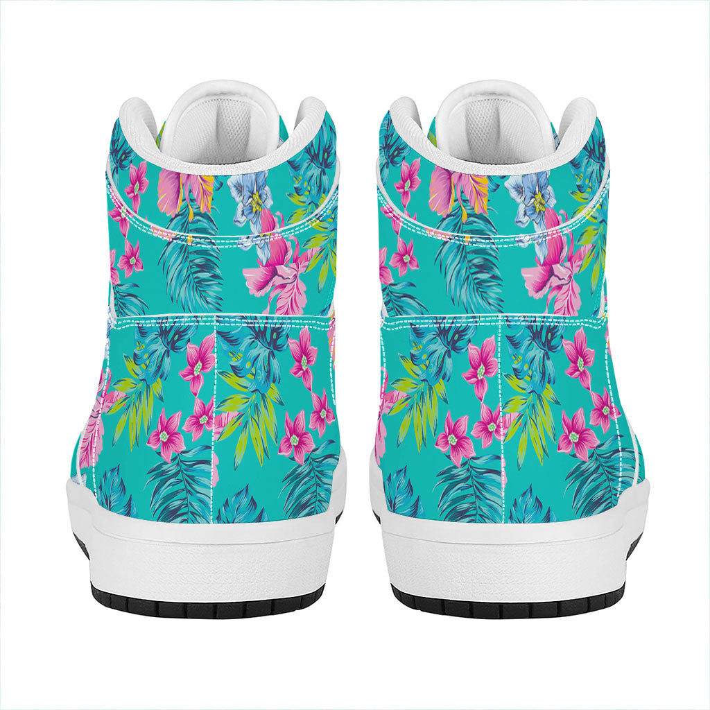 Teal Aloha Tropical Pattern Print High Top Leather Sneakers