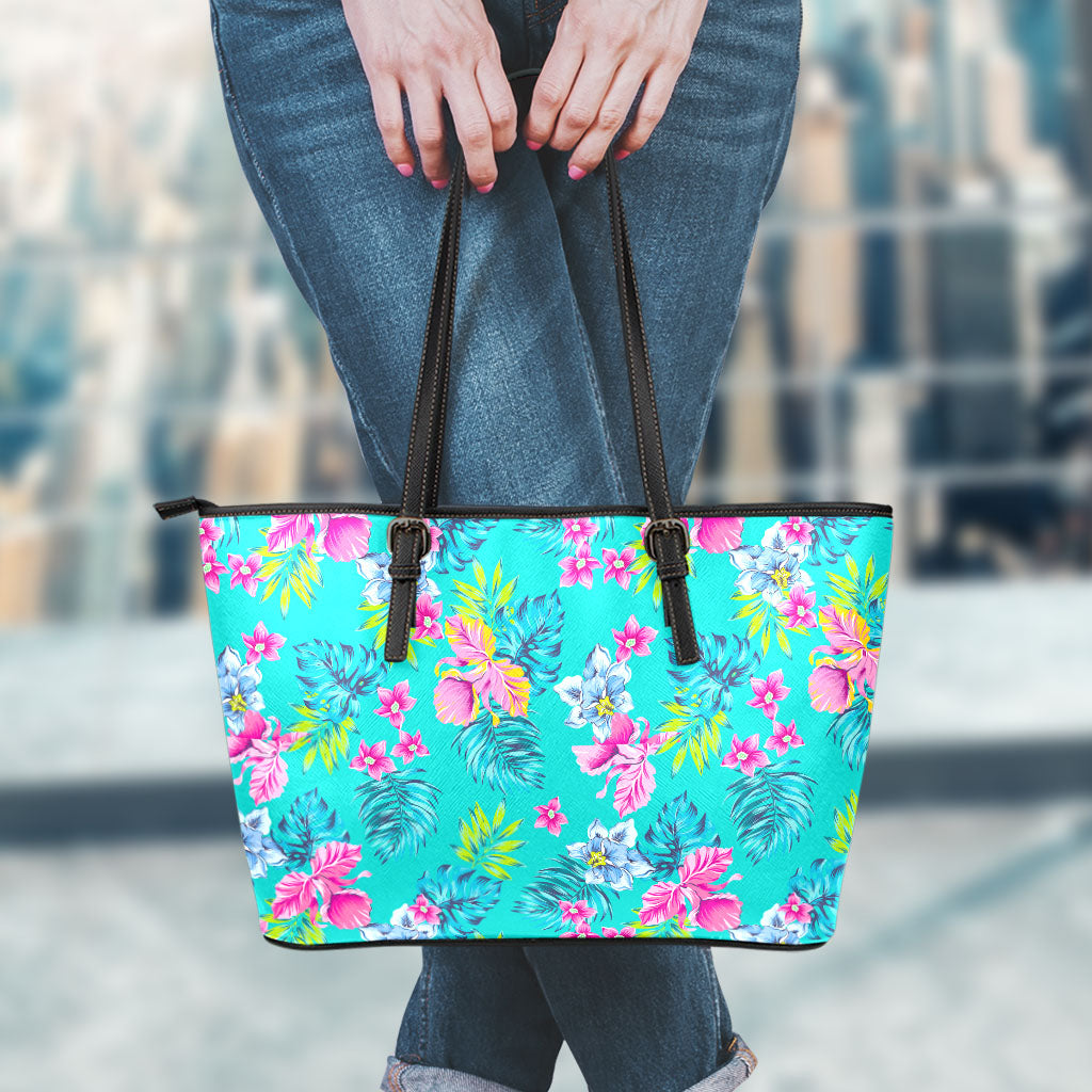 Teal Aloha Tropical Pattern Print Leather Tote Bag