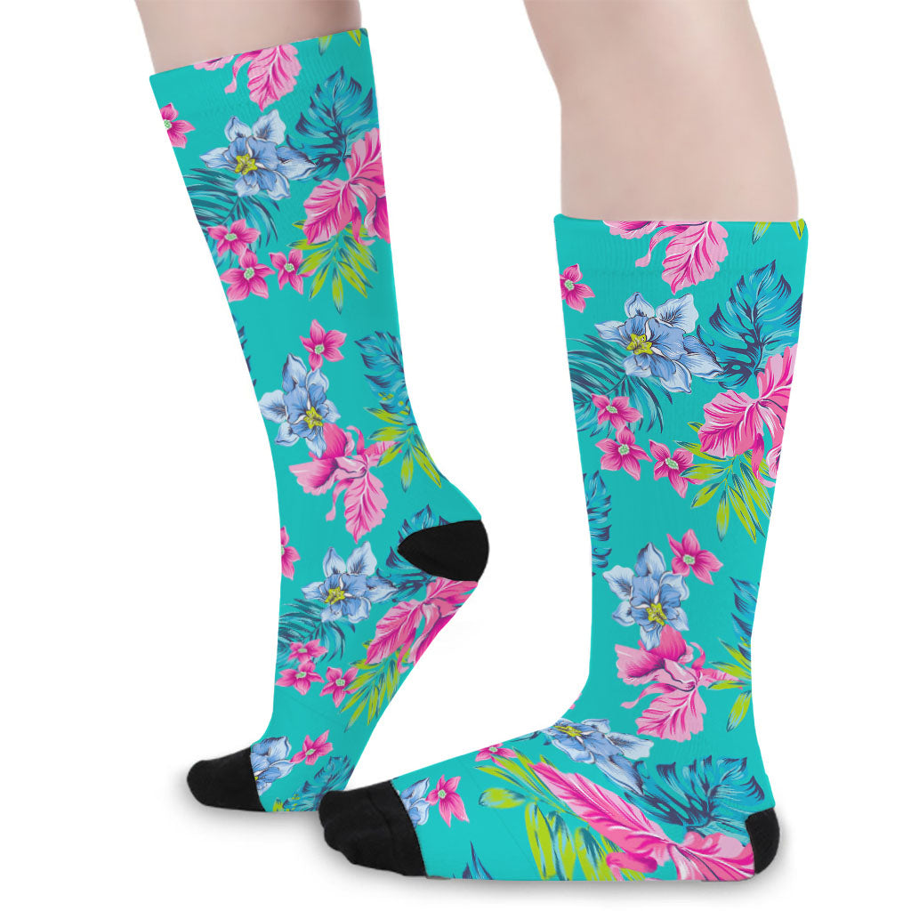 Teal Aloha Tropical Pattern Print Long Socks