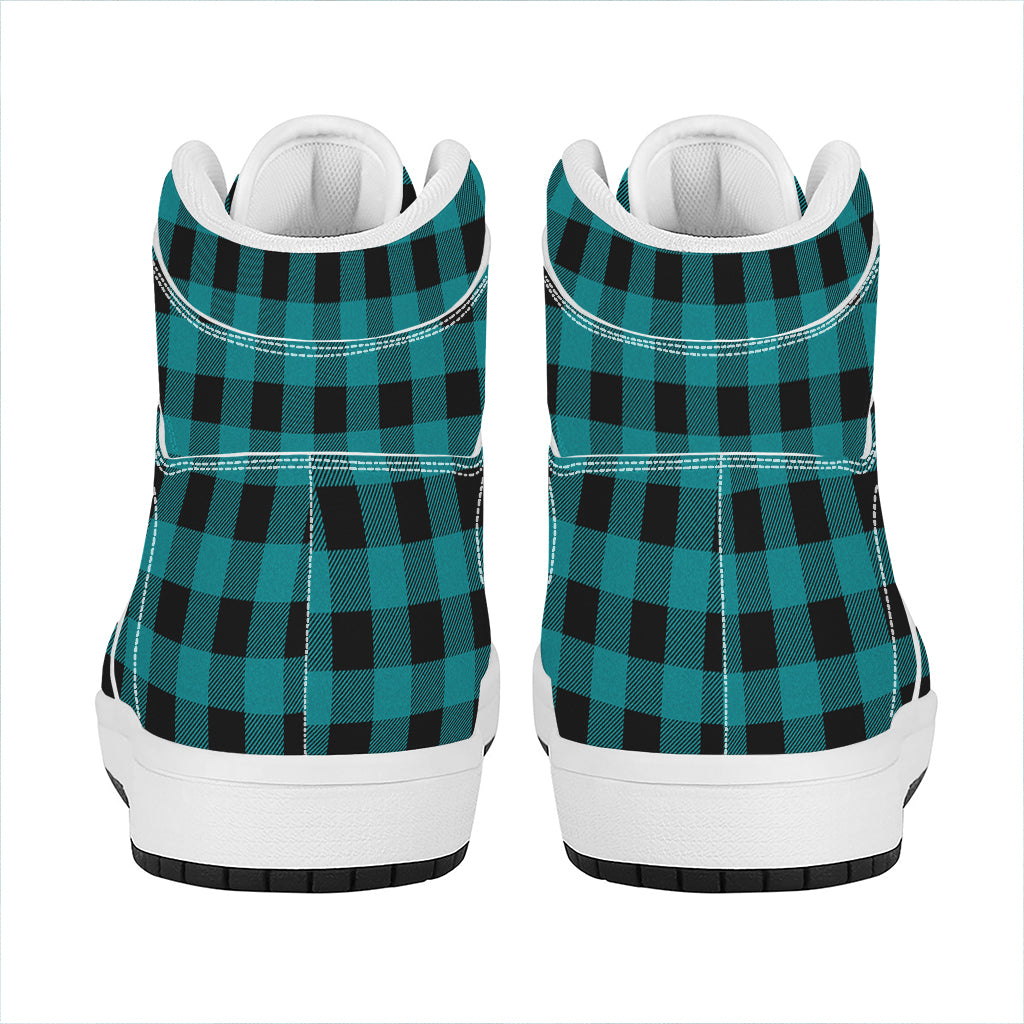Teal And Black Buffalo Check Print High Top Leather Sneakers