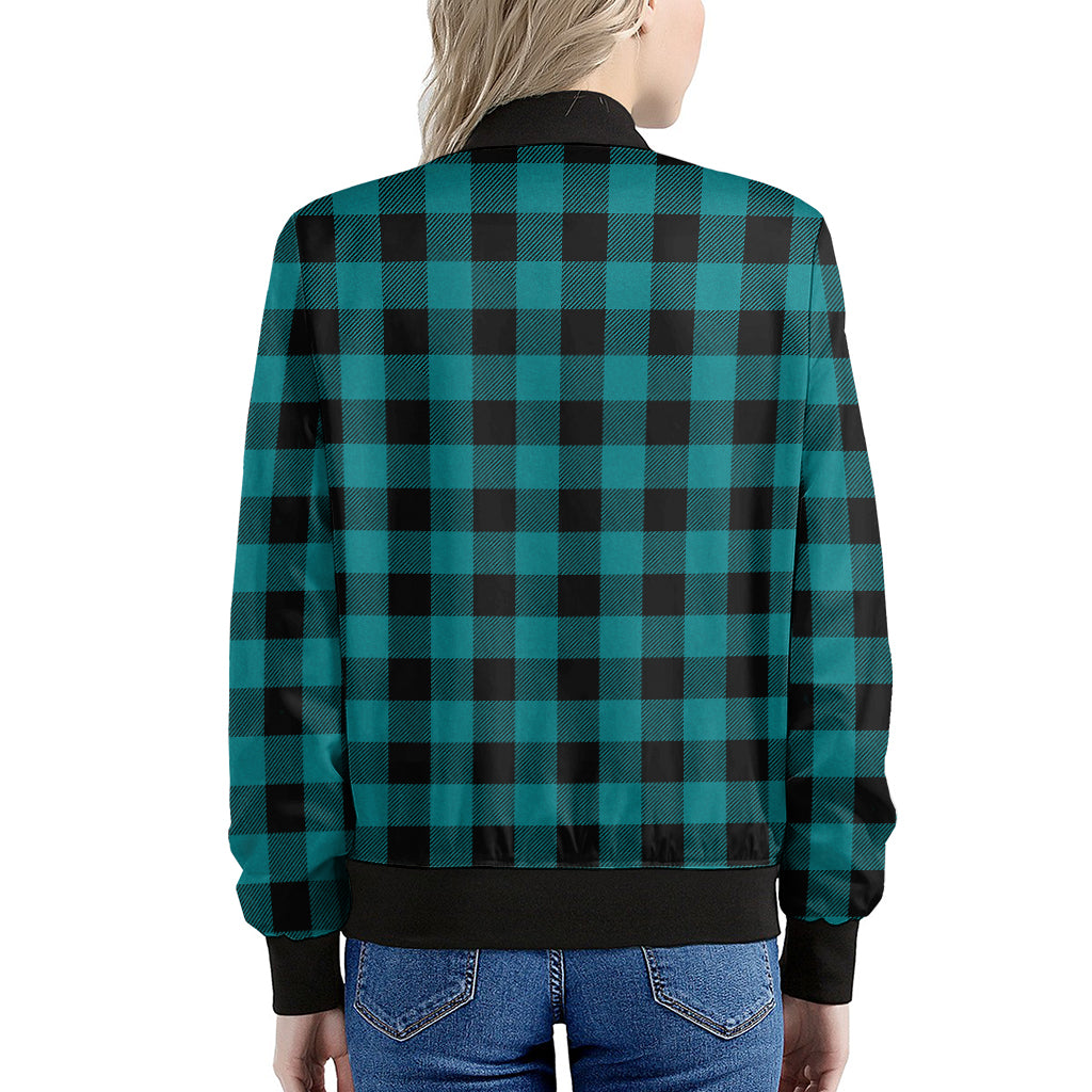 Teal And Black Buffalo Check Print Women's Bomber Jacket