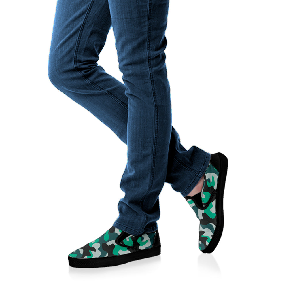 Teal And Black Camouflage Print Black Slip On Sneakers