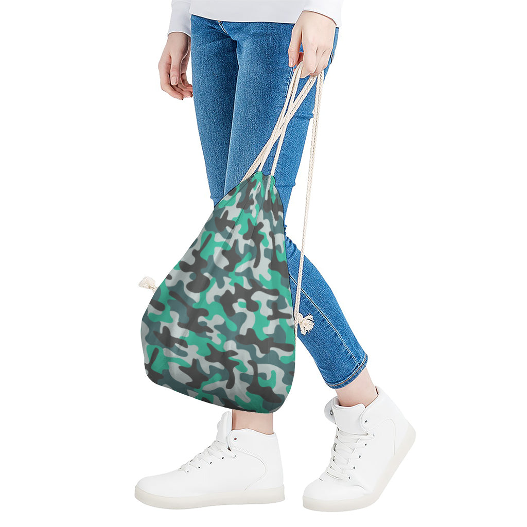 Teal And Black Camouflage Print Drawstring Bag