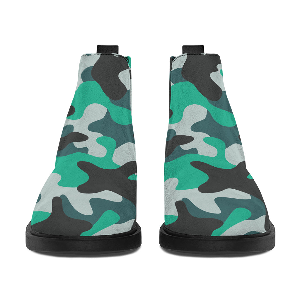 Teal And Black Camouflage Print Flat Ankle Boots