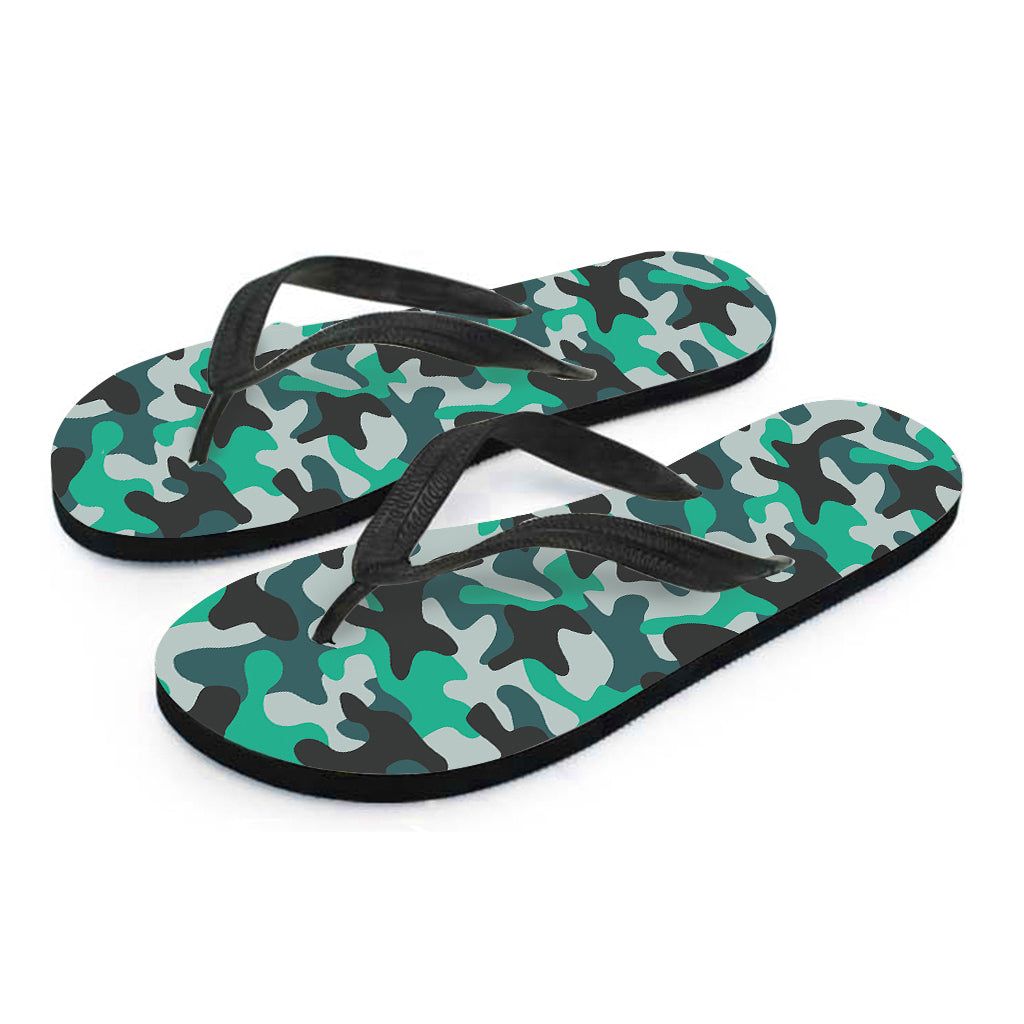 Teal And Black Camouflage Print Flip Flops