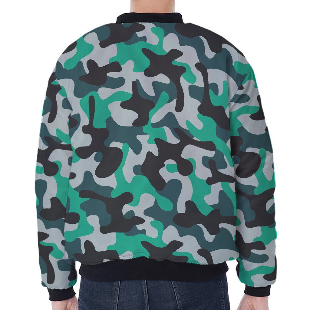 Teal And Black Camouflage Print Zip Sleeve Bomber Jacket