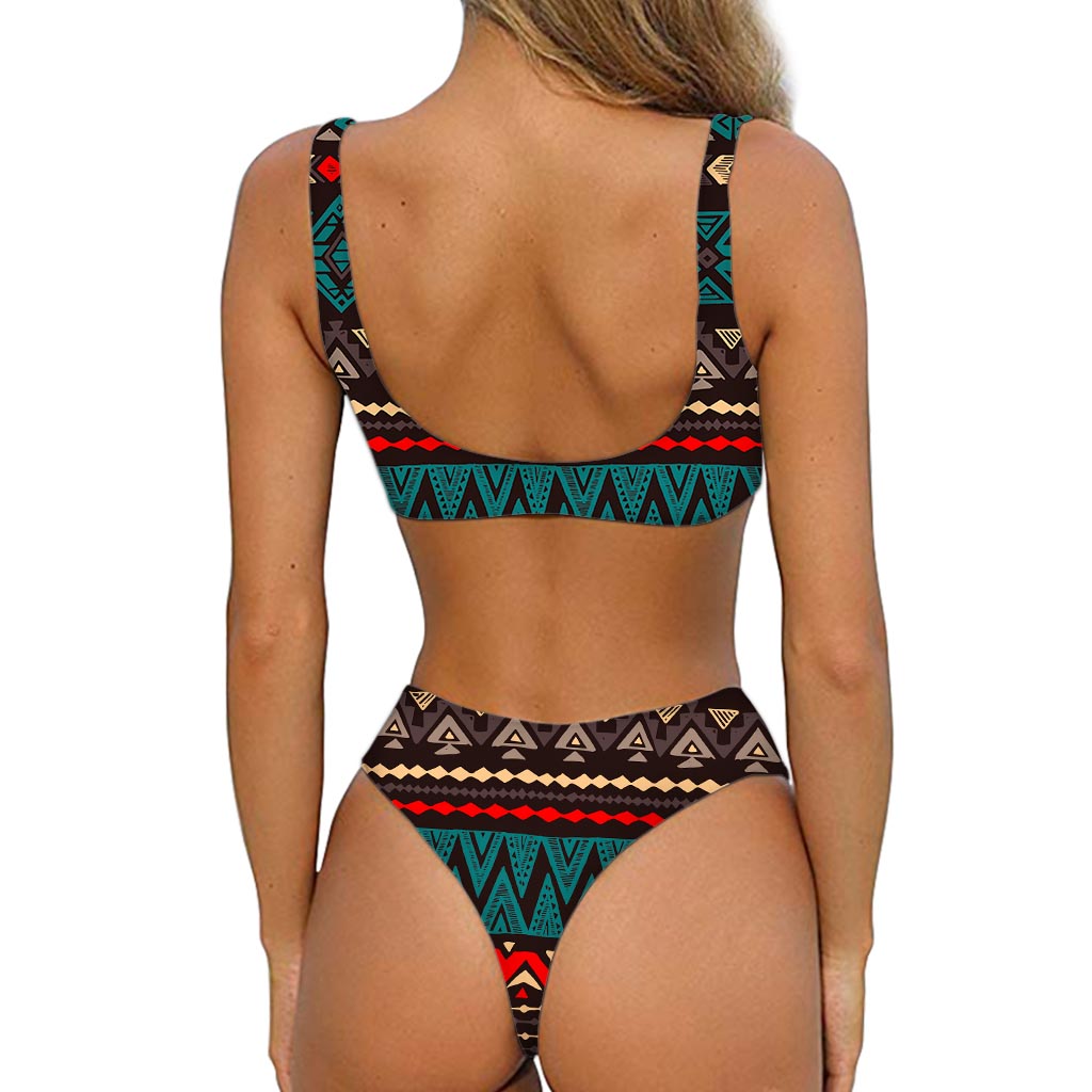 Teal And Brown Aztec Pattern Print Front Bow Tie Bikini