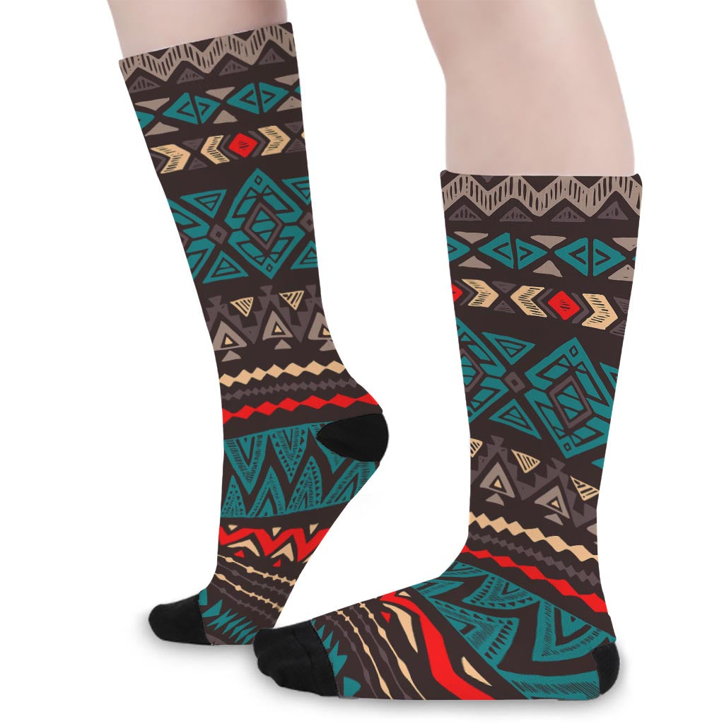 Teal And Brown Aztec Pattern Print Long Socks