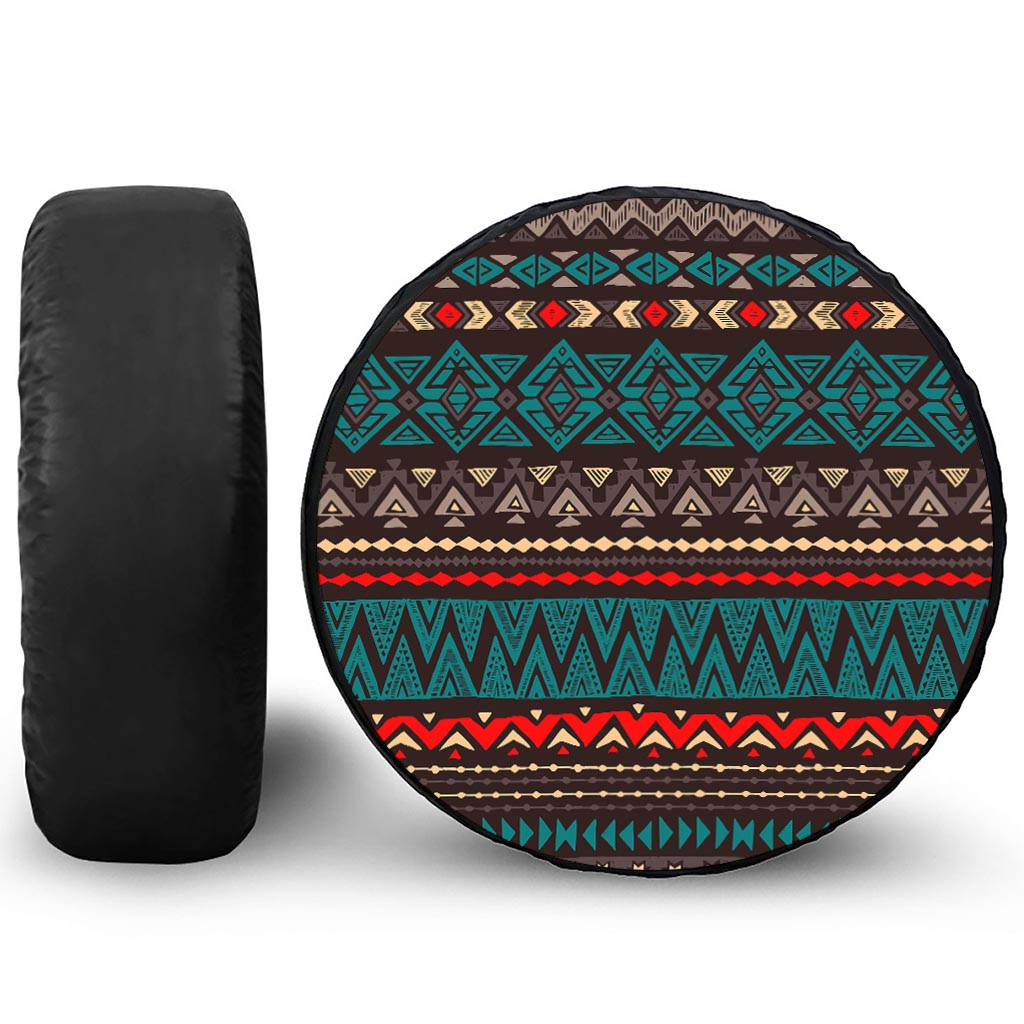 Teal And Brown Aztec Pattern Print Tire Cover