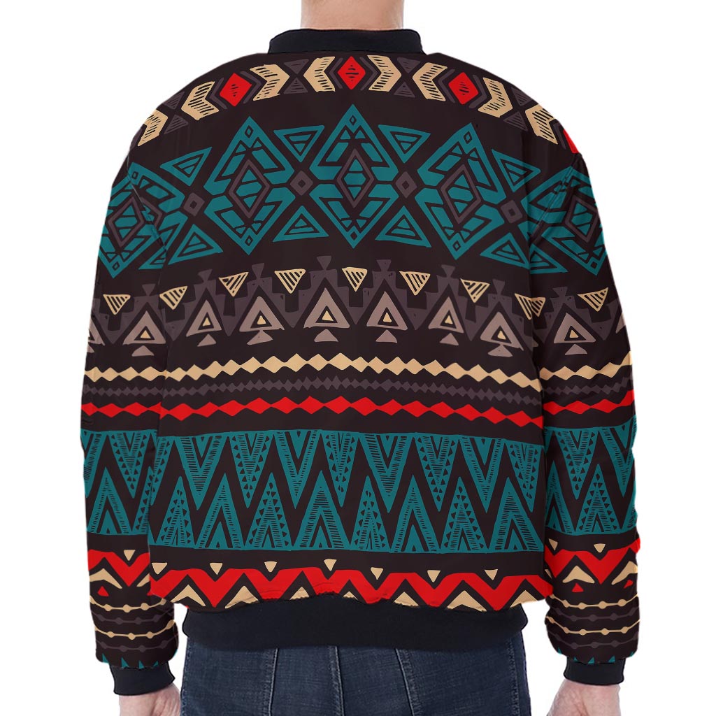 Teal And Brown Aztec Pattern Print Zip Sleeve Bomber Jacket