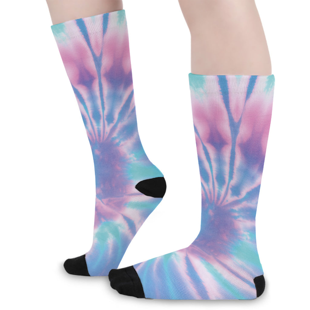 Teal And Pink Tie Dye Print Long Socks