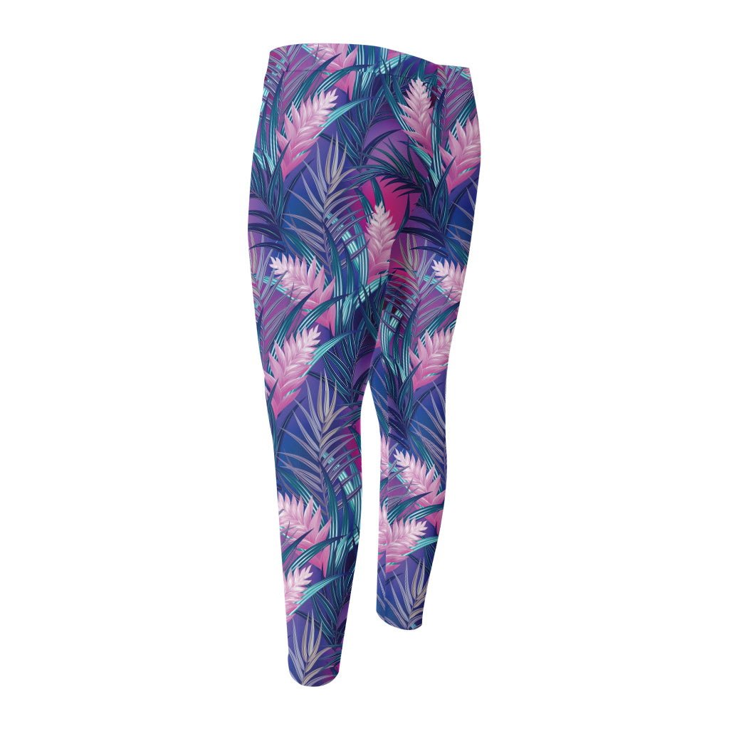 Teal And Pink Tropical Floral Print Men's Compression Pants
