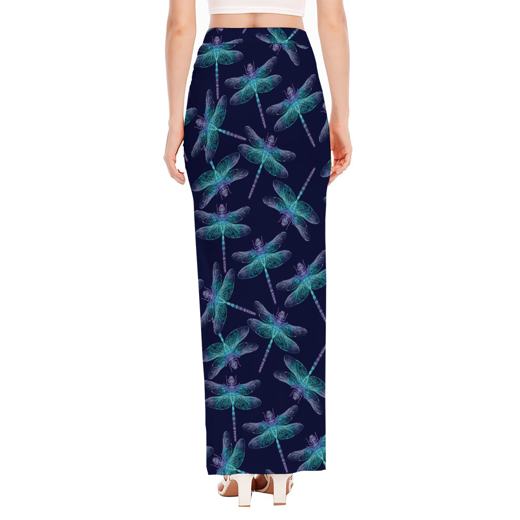 Teal And Purple Dragonfly Pattern Print High Slit Maxi Skirt