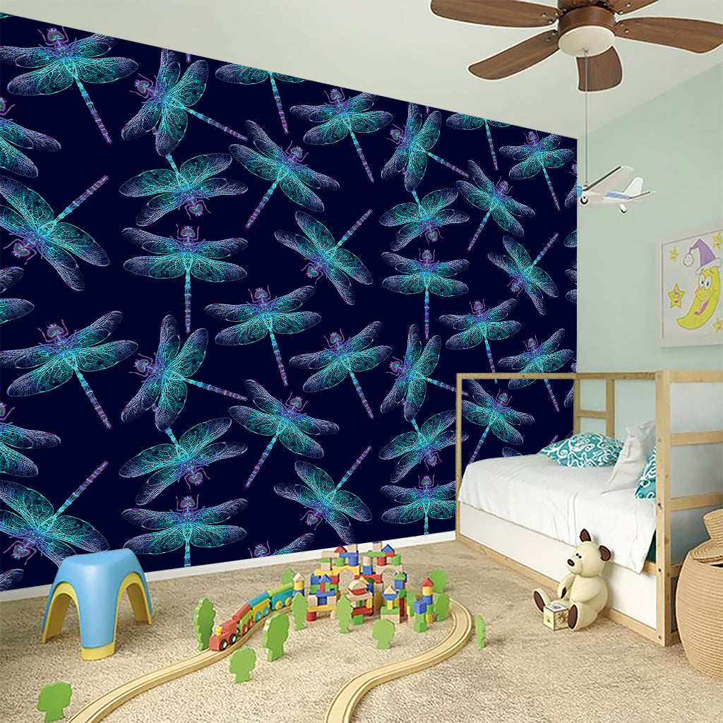 Teal And Purple Dragonfly Pattern Print Wall Sticker