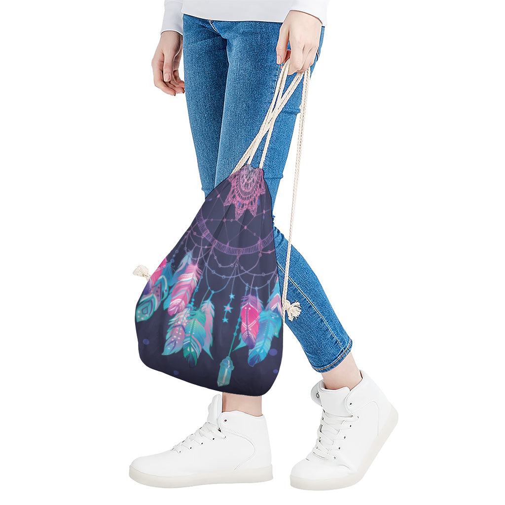 Teal And Purple Dream Catcher Print Drawstring Bag