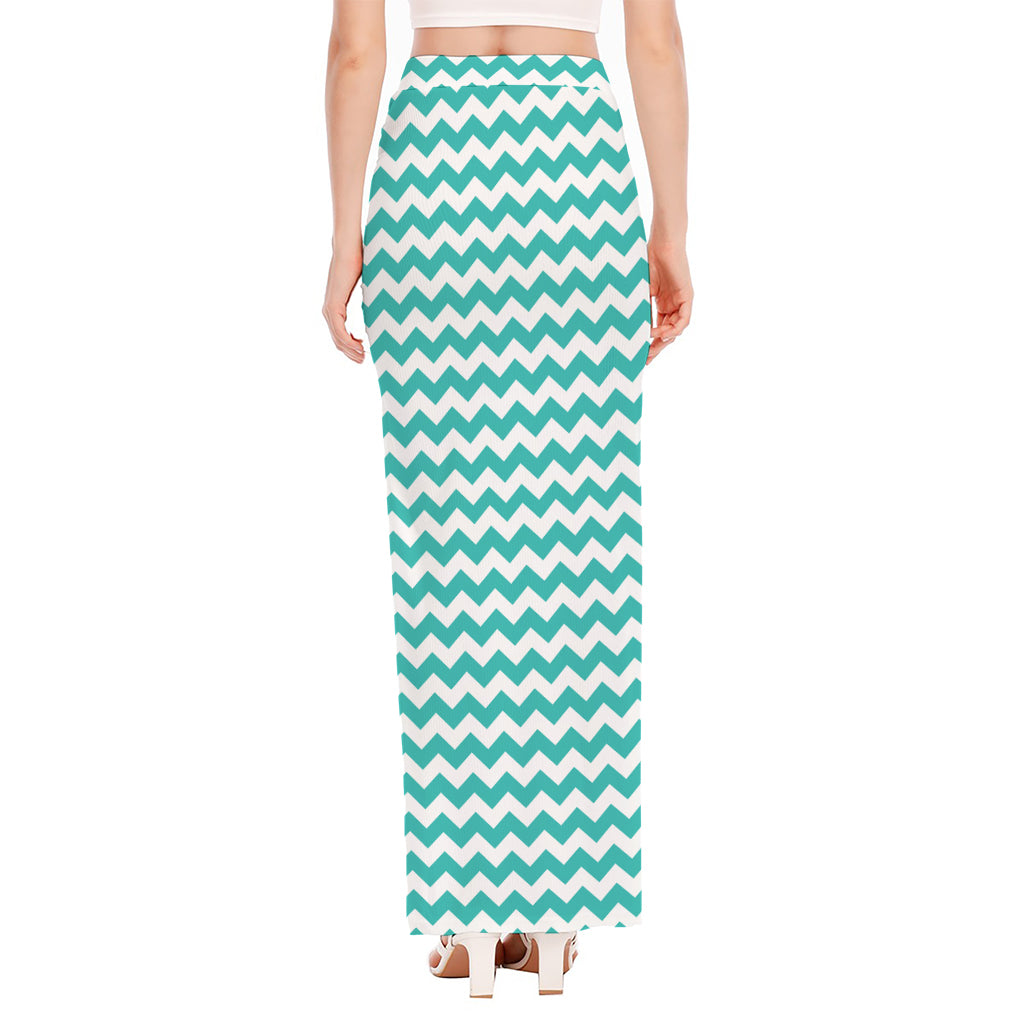 Teal And White Chevron Pattern Print High Slit Maxi Skirt