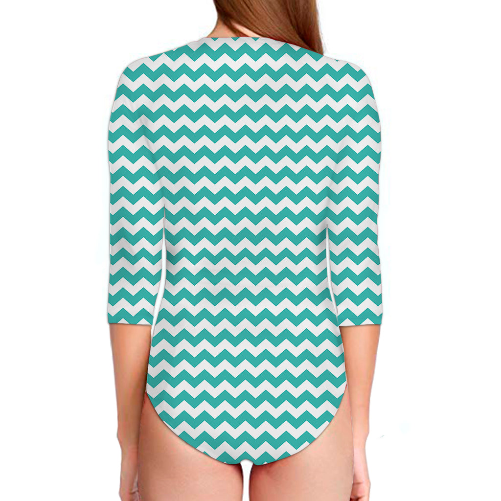 Teal And White Chevron Pattern Print Long Sleeve Swimsuit