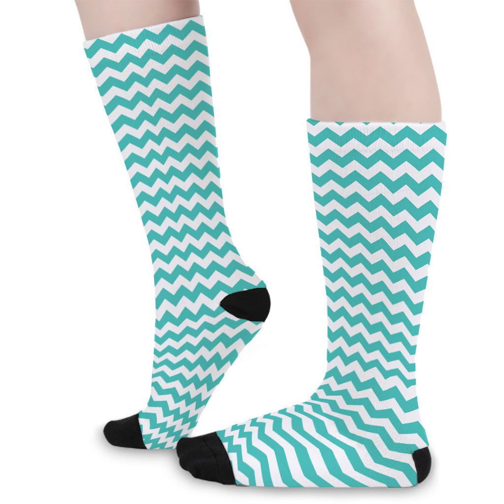 Teal And White Chevron Pattern Print Long Socks