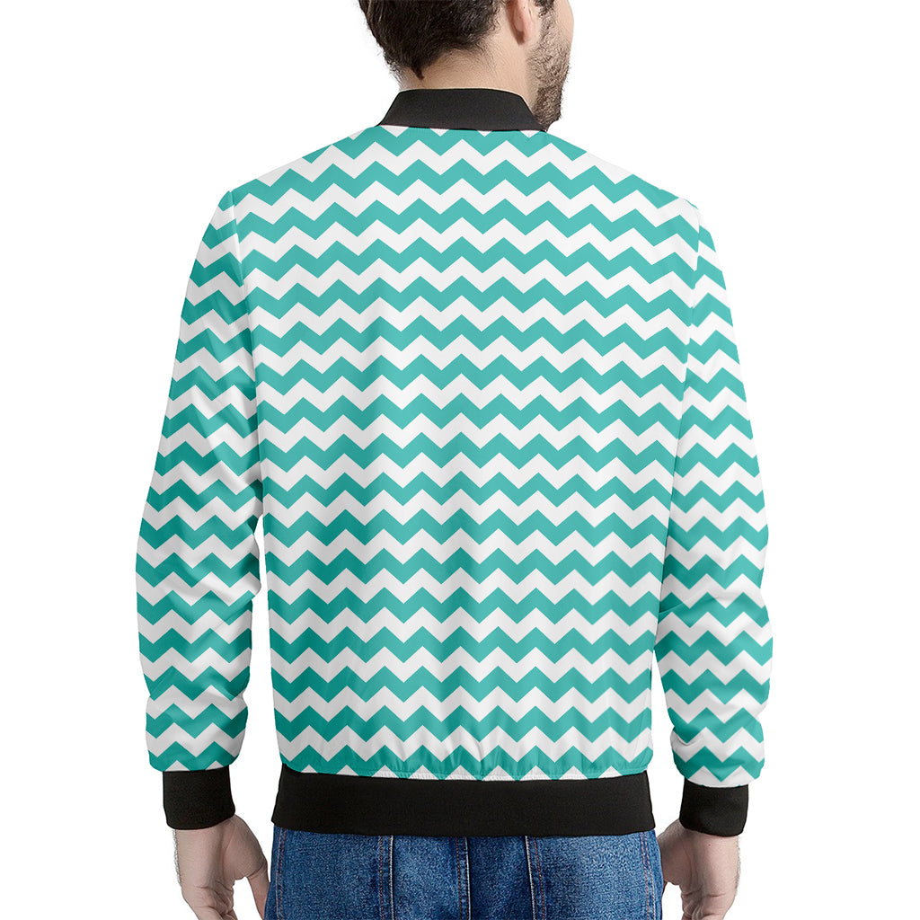 Teal And White Chevron Pattern Print Men's Bomber Jacket