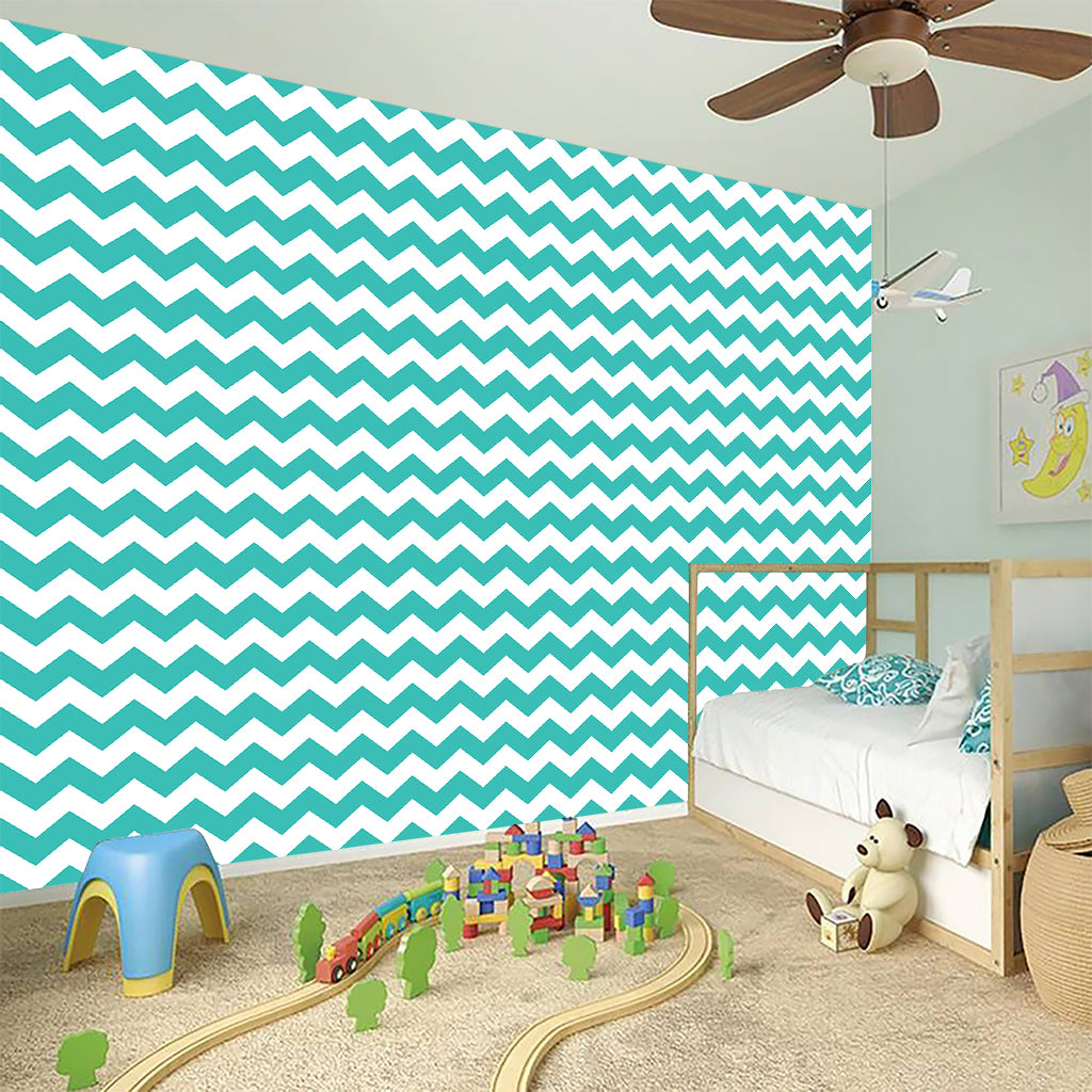 Teal And White Chevron Pattern Print Wall Sticker
