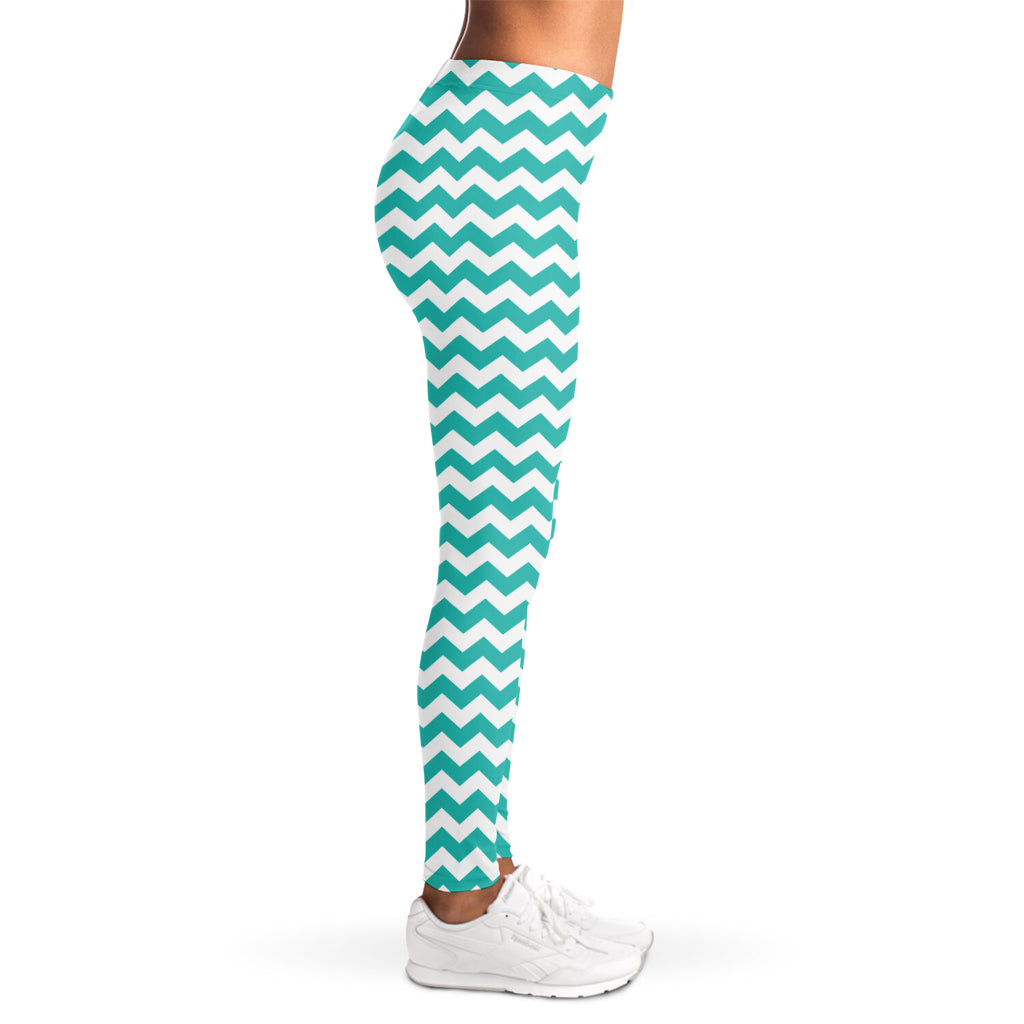 Teal And White Chevron Pattern Print Women's Leggings