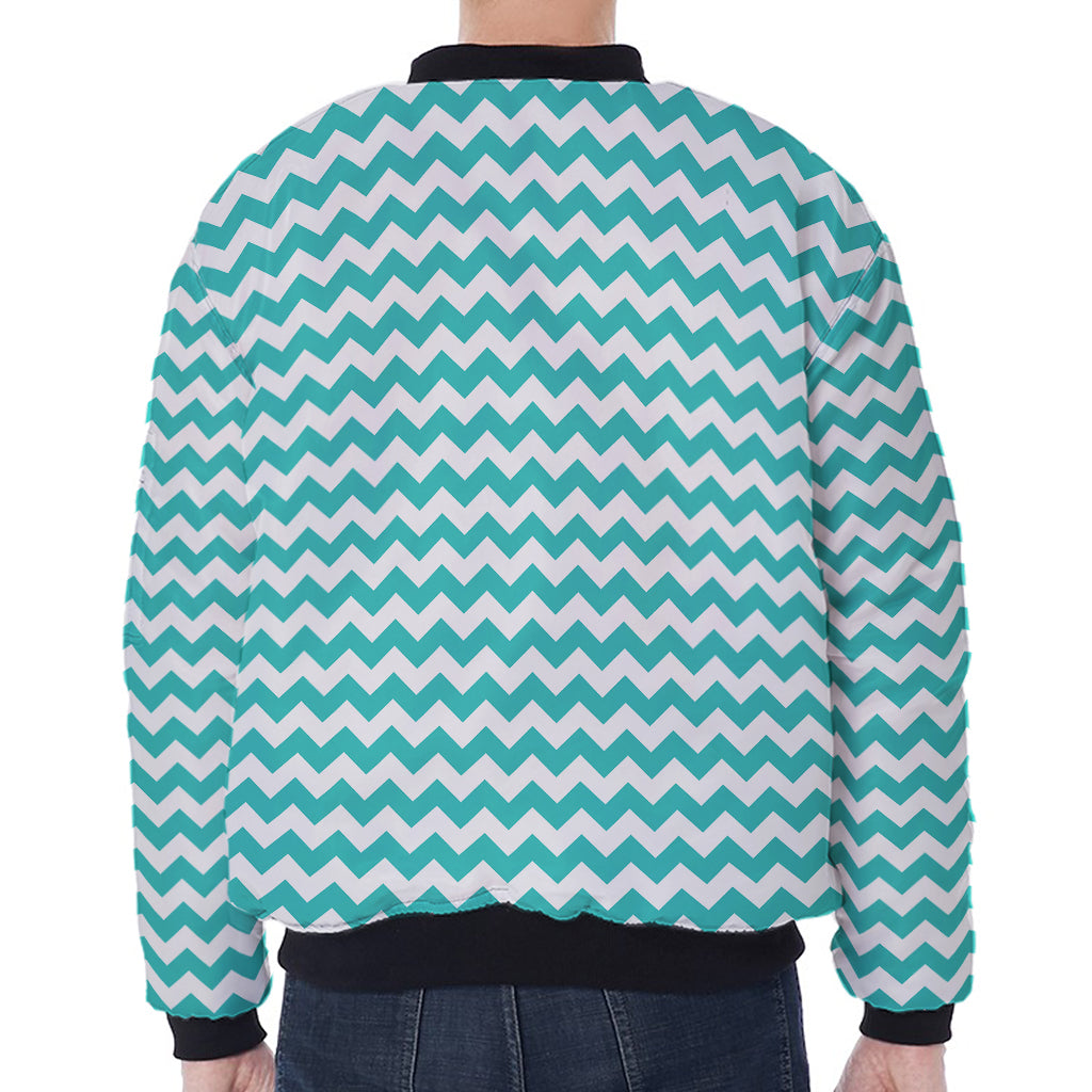 Teal And White Chevron Pattern Print Zip Sleeve Bomber Jacket