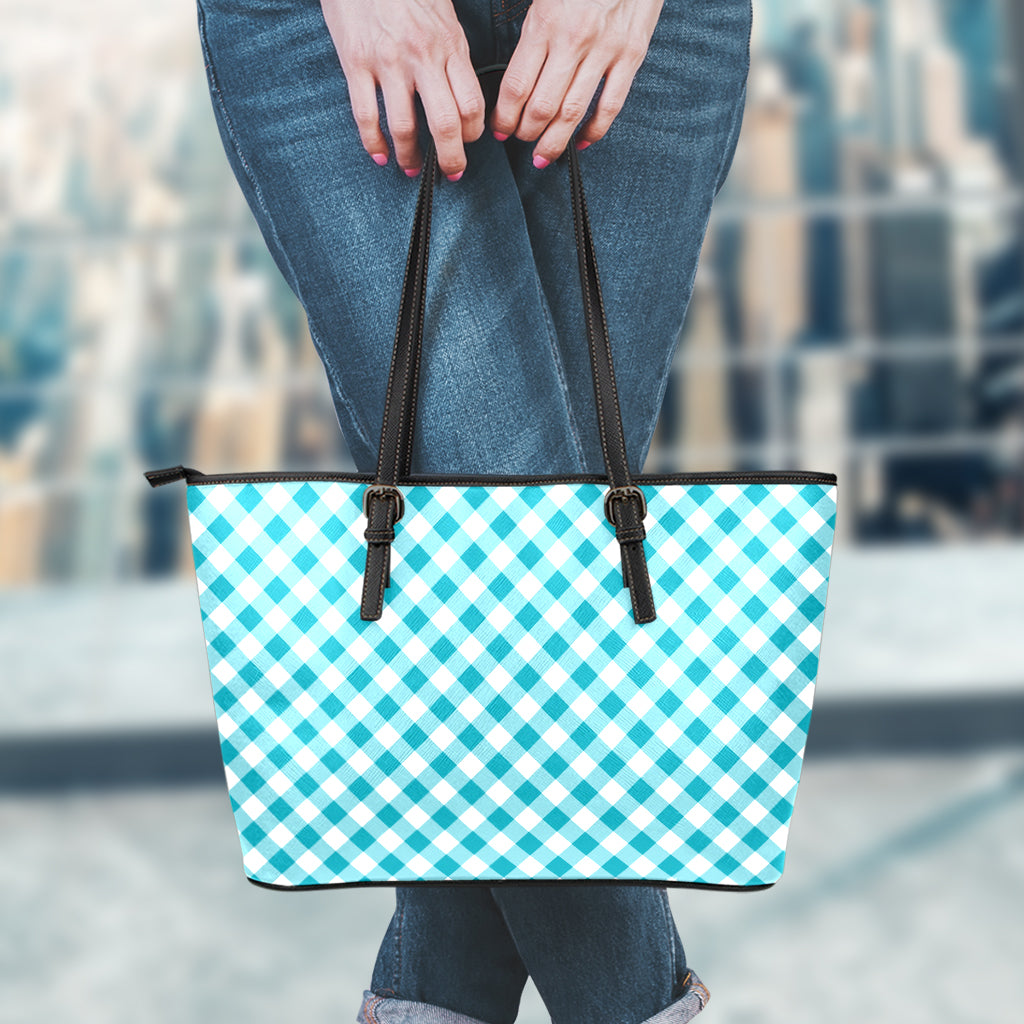 Teal And White Gingham Pattern Print Leather Tote Bag