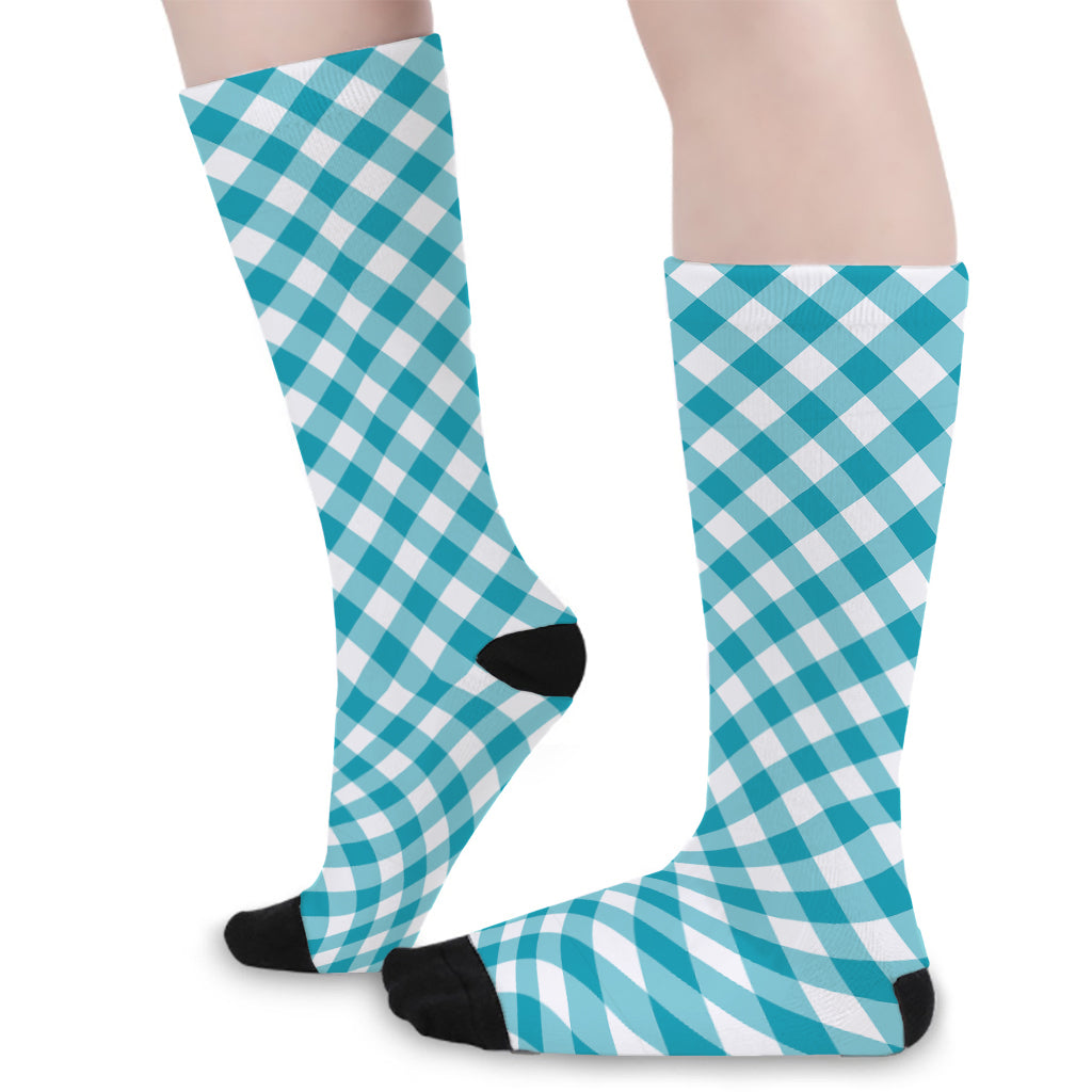 Teal And White Gingham Pattern Print Long Socks