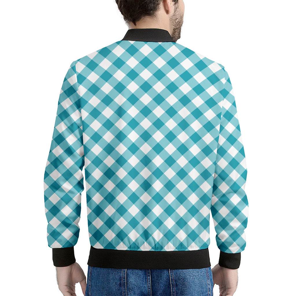 Teal And White Gingham Pattern Print Men's Bomber Jacket