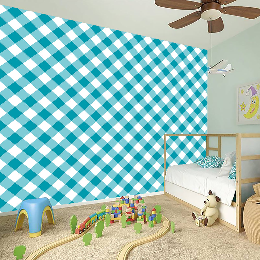 Teal And White Gingham Pattern Print Wall Sticker